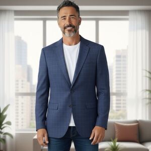 Ted Baker Endurance Sport Coat Men's 40R Wool Windowpane Plaid Blue Jay Cut